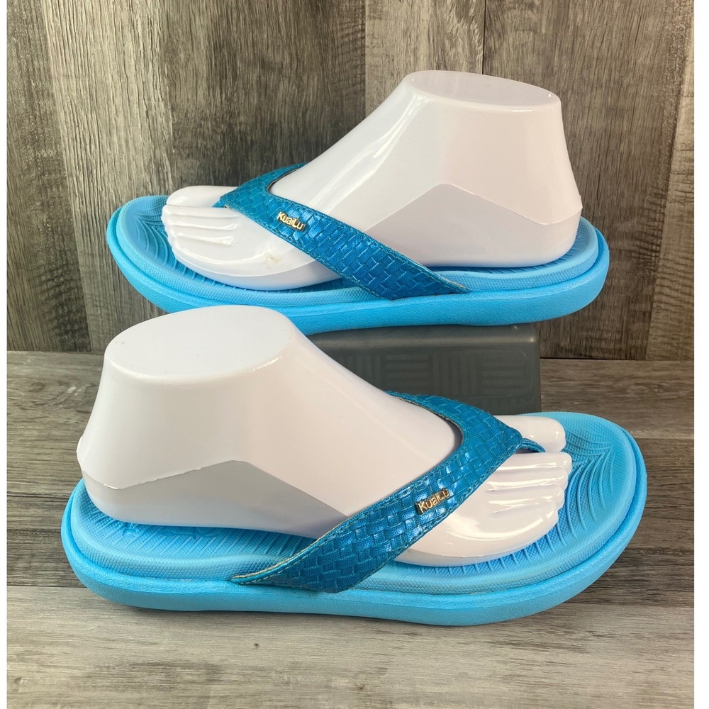 KuaiLu Womens Blue Woven Strap Flip Flop Sandals Cushioned Arch Support Size 8